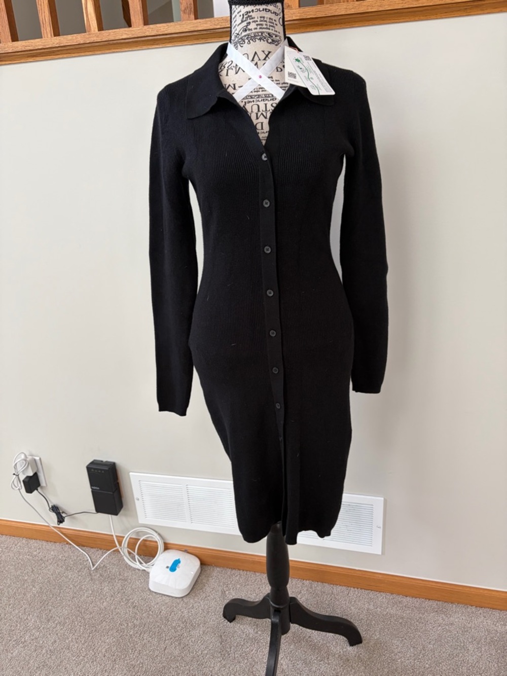 Quince Black Long-Sleeve Button-Front Knit Dress
